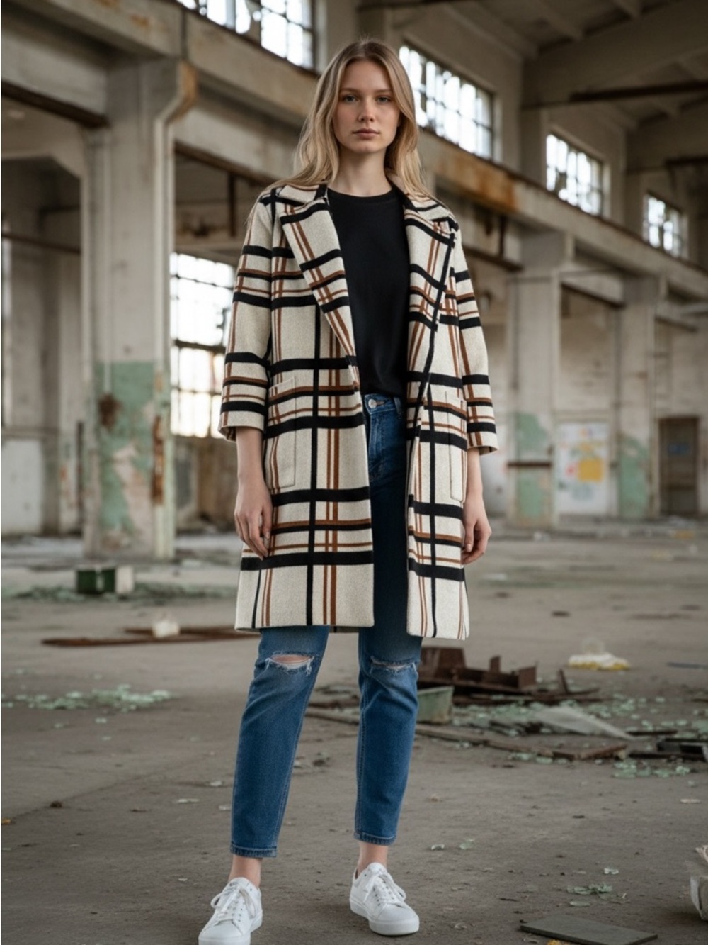 Oliver O Plaid Open-Front Coat in Cream & Brown Women’s 1X - Picture 2 of 7